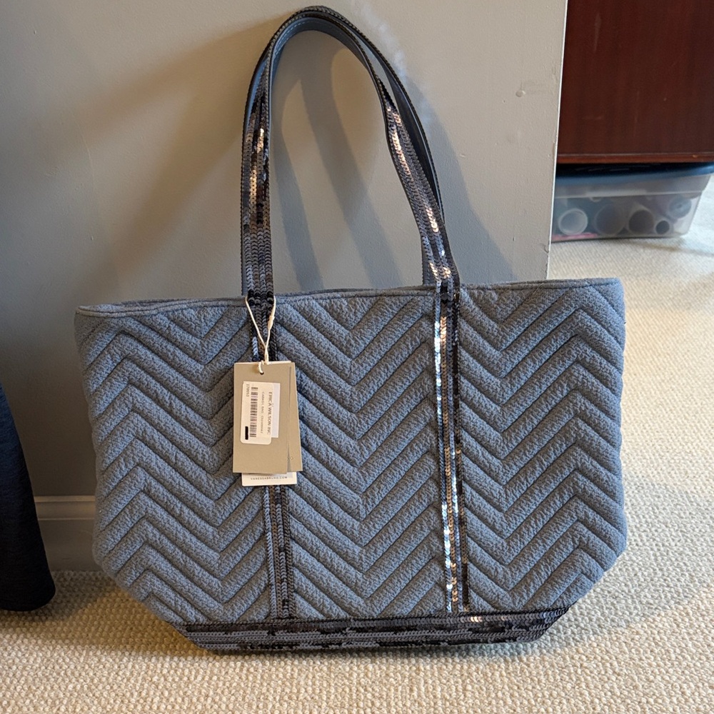 Vanessa Bruno Quilted Chevron Tote Bag in Slate Blue with Sequin Trim